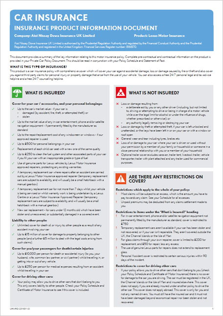 Lexus Motor Insurance Product Information&nbsp;Document